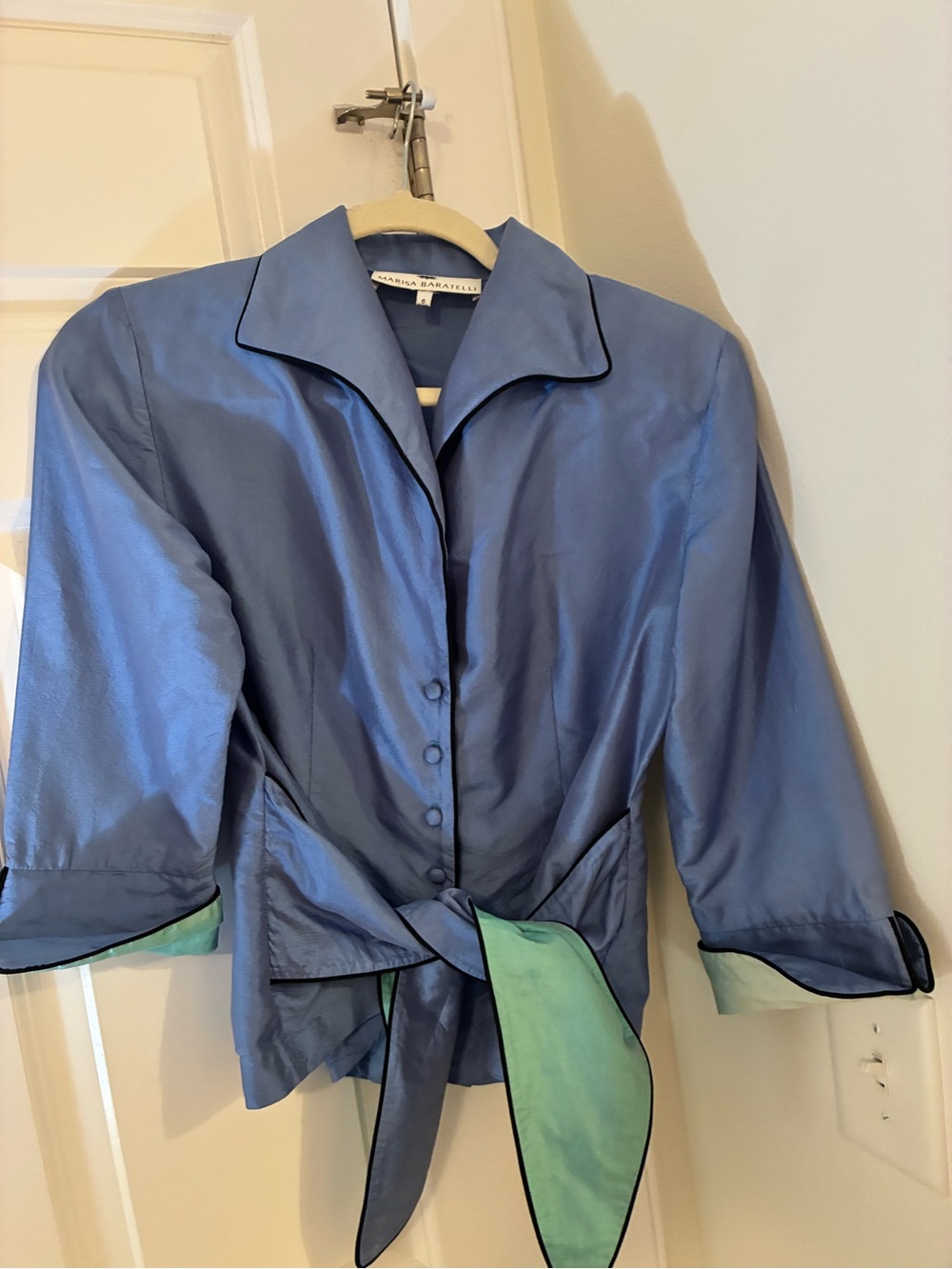 Marisa Baratelli Blue Satin Tie-Waist Blouse 6